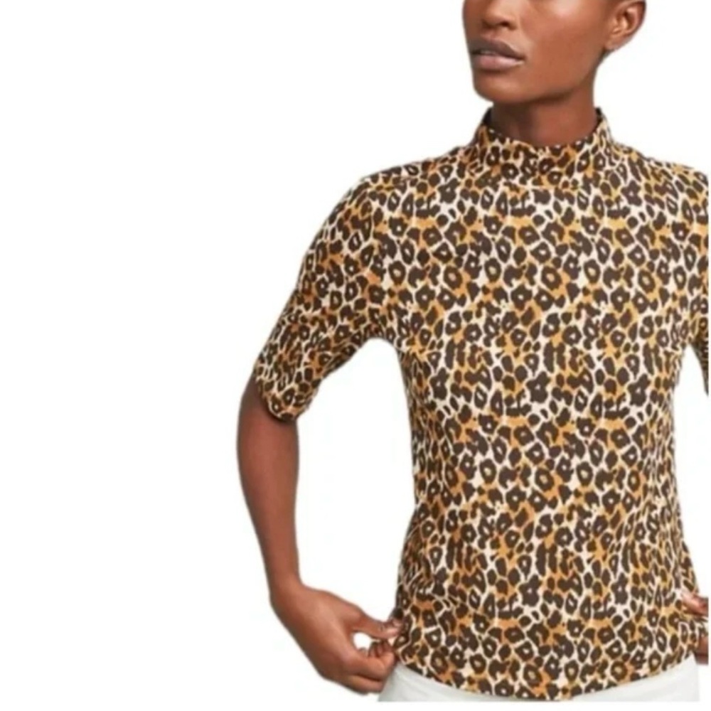 Anthropologie Leopard Animal Print Mock Neck Top Cotton Stretch Shirt Size XS